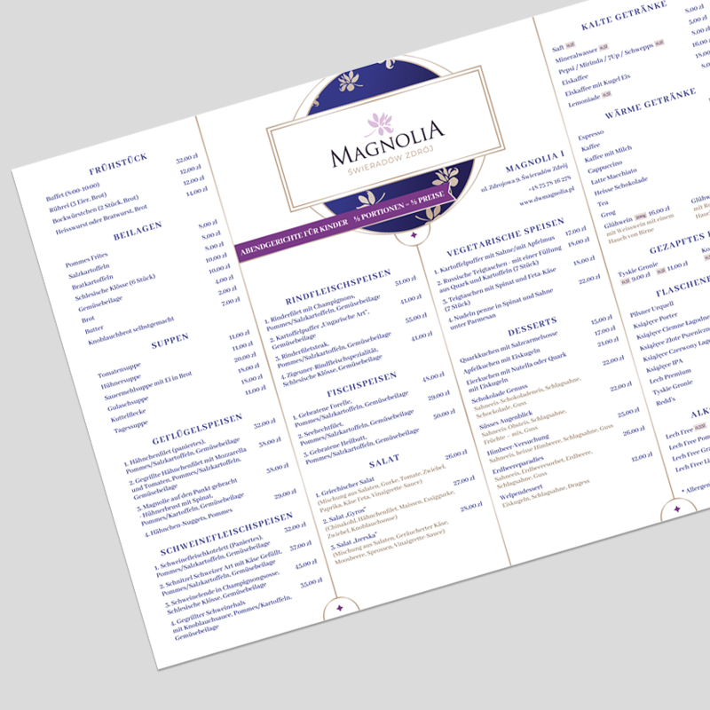 Projekt karty menu dla restauracji Jelenia Góra, Wrocław, Legnica